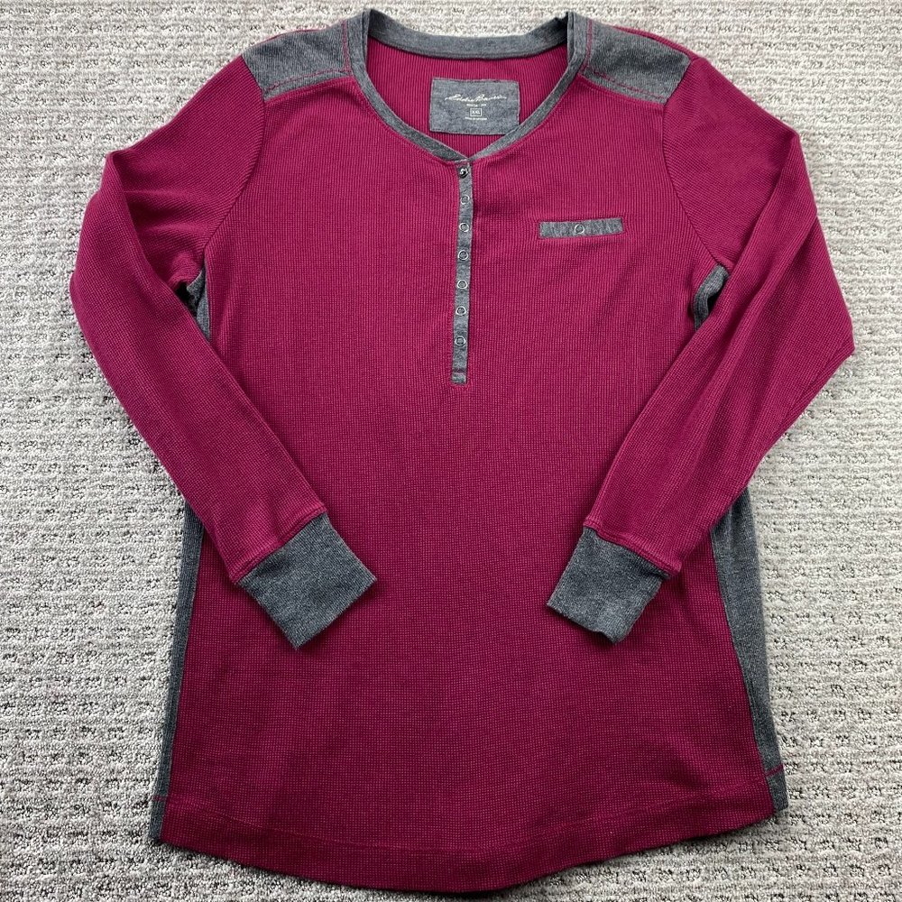 Eddie Bauer Shirt Men XXL 2XL Burgundy Gray Long Sleeve T-Shirt 1/4 Button Up